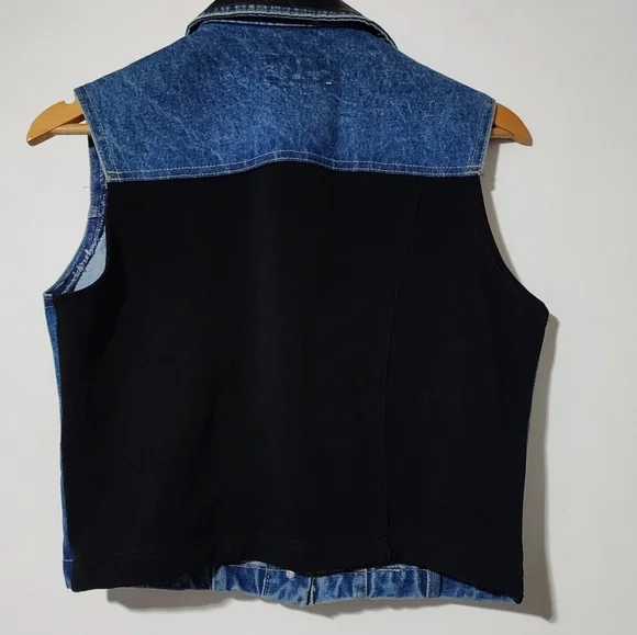 Cache Vintage Denim & Black Leather Trim Vest Moto Biker Cropped Jean Jacket Sz - Picture 7 of 12